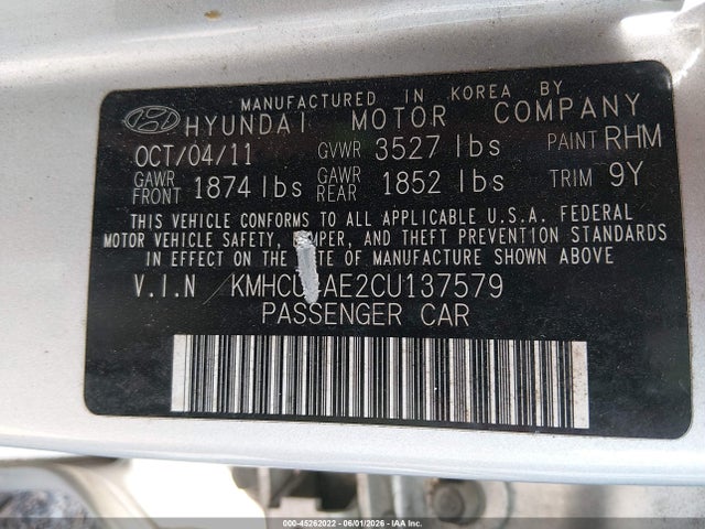 Продаж на аукціоні авто 2012 Hyundai Accent Gls, vin: KMHCU4AE2CU137579, номер лоту: 45262022