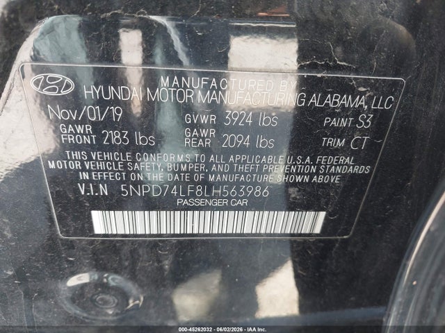 Aukcja sprzedaży 2020 Hyundai Elantra Se, vin: 5NPD74LF8LH563986, numer aukcji: 45262032