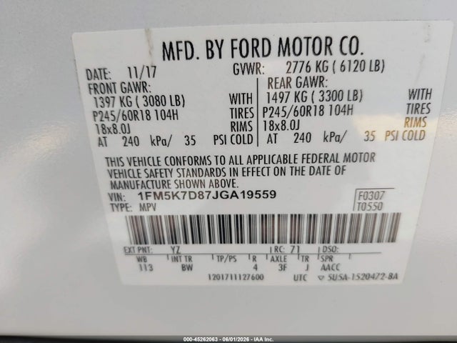 Продаж на аукціоні авто 2018 Ford Explorer Xlt, vin: 1FM5K7D87JGA19559, номер лоту: 45262063