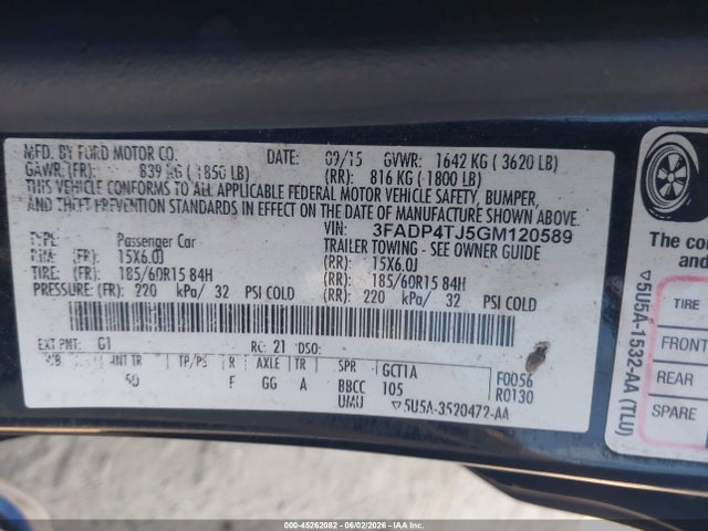 Aukcja sprzedaży 2016 Ford Fiesta S, vin: 3FADP4TJ5GM120589, numer aukcji: 45262082