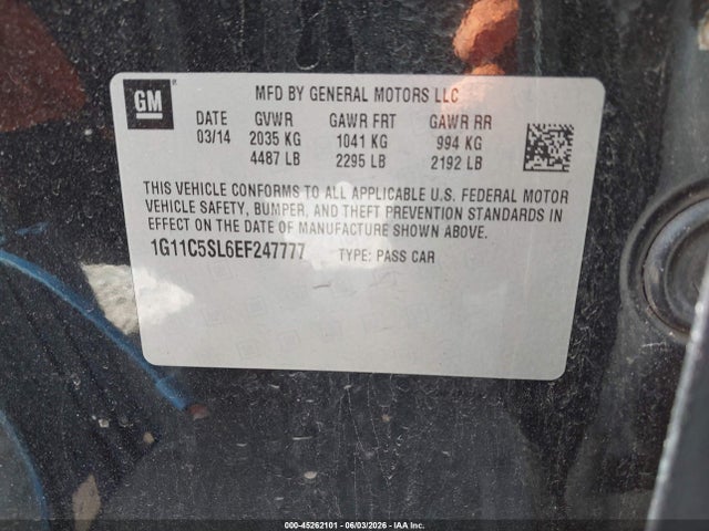2014 Chevrolet Malibu 1lt მანქანა იყიდება აუქციონზე, vin: 1G11C5SL6EF247777, აუქციონის ნომერი: 45262101