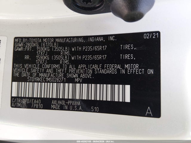 Продаж на аукціоні авто 2021 Toyota Sienna Xle, vin: 5TDYRKEC1MS028271, номер лоту: 45262105