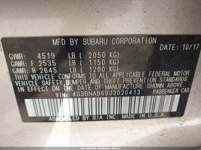 2018 Subaru Legacy 2.5i მანქანა იყიდება აუქციონზე, vin: 4S3BNAB60J3020413, აუქციონის ნომერი: 45262109