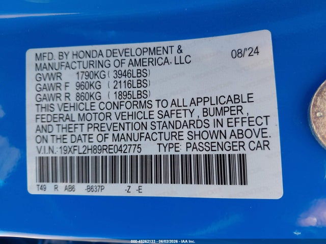 Продажа на аукционе авто 2024 Honda Civic Sport, vin: 19XFL2H89RE042775, номер лота: 45262133