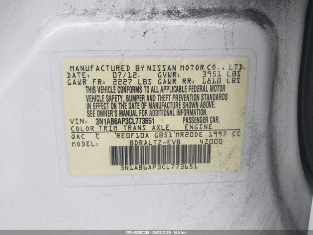Auction sale of the 2012 Nissan Sentra 2.0 S, vin: 3N1AB6AP3CL773651, lot number: 45262139