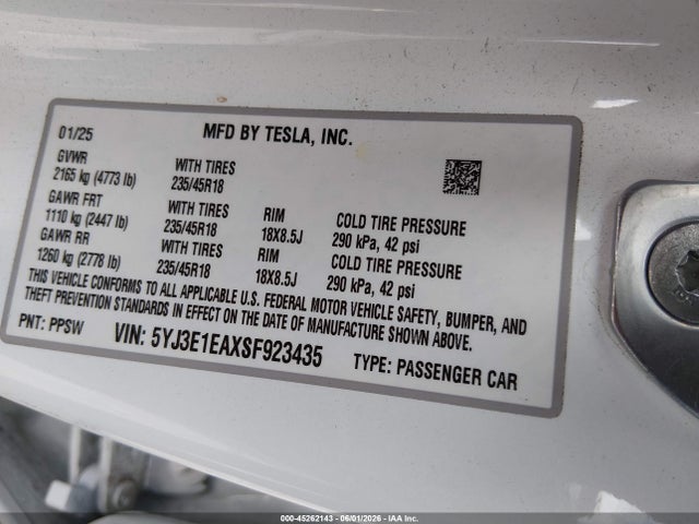 Aukcja sprzedaży 2025 Tesla Model 3, vin: 5YJ3E1EAXSF923435, numer aukcji: 45262143
