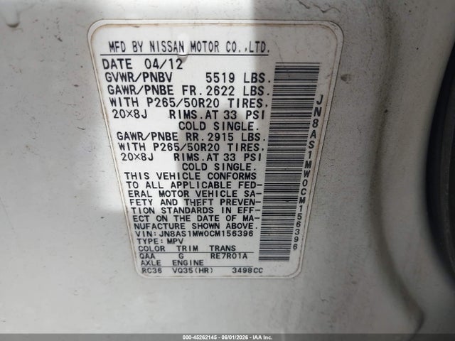 Auction sale of the 2012 Infiniti Fx35, vin: JN8AS1MW0CM156396, lot number: 45262145