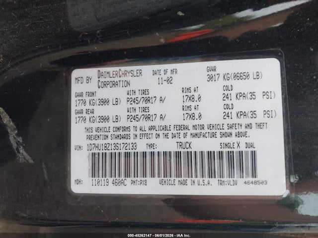 45262147 :رقم المزاد ، 1D7HU18Z13S172133 vin ، 2003 Dodge Ram 1500 Slt/laramie/st مزاد بيع