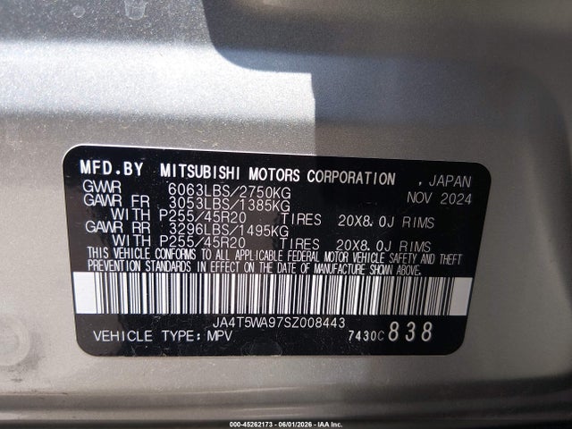 45262173 :رقم المزاد ، JA4T5WA97SZ008443 vin ، 2025 Mitsubishi Outlander Phev Sel S-awc مزاد بيع