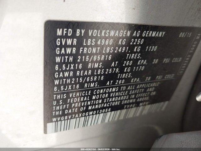 Aukcja sprzedaży 2016 Volkswagen Tiguan S, vin: WVGBV7AX0GW013056, numer aukcji: 45262184