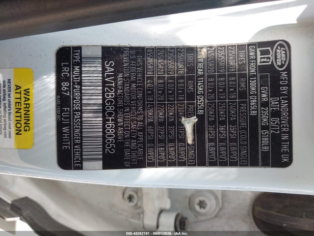 45262191 :رقم المزاد ، SALVT2BG8CH680652 vin ، 2012 Land Rover Range Rover Evoque Pure Plus مزاد بيع