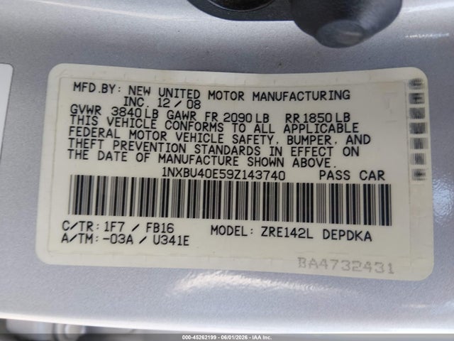 Продажа на аукционе авто 2009 Toyota Corolla, vin: 1NXBU40E59Z143740, номер лота: 45262199