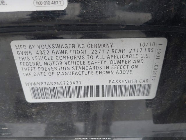 Продажа на аукционе авто 2011 Volkswagen Cc Sport, vin: WVWNP7AN2BE728431, номер лота: 45262201