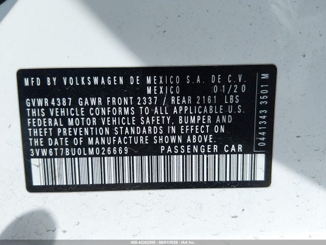45262208 :رقم المزاد ، 3VW6T7BU0LM026669 vin ، 2020 Volkswagen Jetta Gli 2.0t Autobahn/2.0t S مزاد بيع