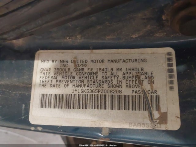 Aukcja sprzedaży 1993 Geo Prizm Lsi, vin: 1Y1SK5365PZ008208, numer aukcji: 45262230