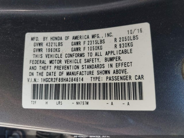 Aukcja sprzedaży 2017 Honda Accord Ex-l, vin: 1HGCR2F89HA084614, numer aukcji: 45262231