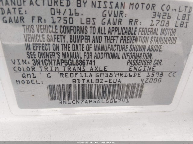 Продажа на аукционе авто 2016 Nissan Versa 1.6 S/1.6 S+/1.6 Sl/1.6 Sv, vin: 3N1CN7AP5GL886741, номер лота: 45262234