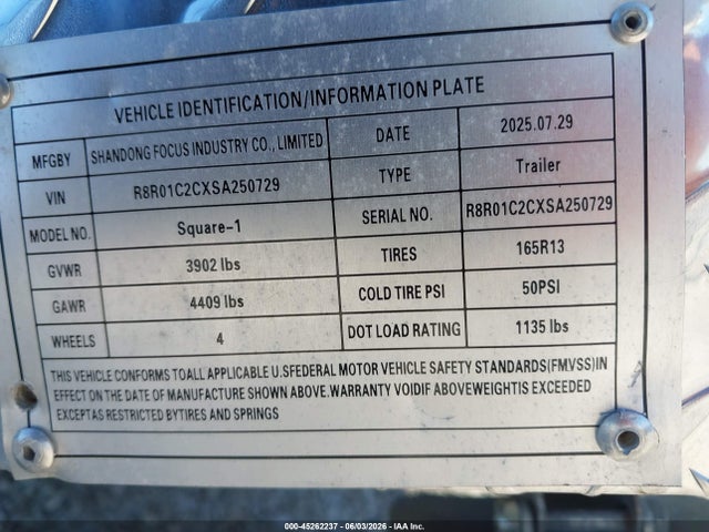 45262237 :رقم المزاد ، R8R01C2CXSA250729 vin ، 2025 Shandong Trailer مزاد بيع