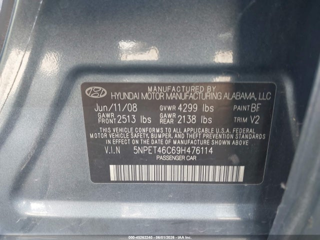 Продаж на аукціоні авто 2009 Hyundai Sonata Gls, vin: 5NPET46C69H476114, номер лоту: 45262240