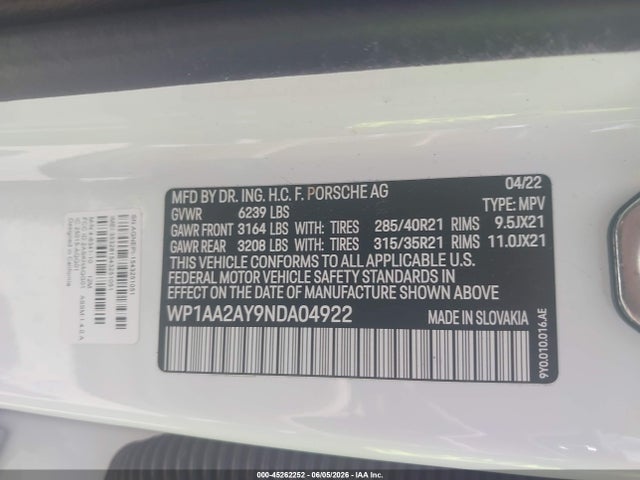 WP1AA2AY9NDA04922 Porsche Cayenne Platinum Edition