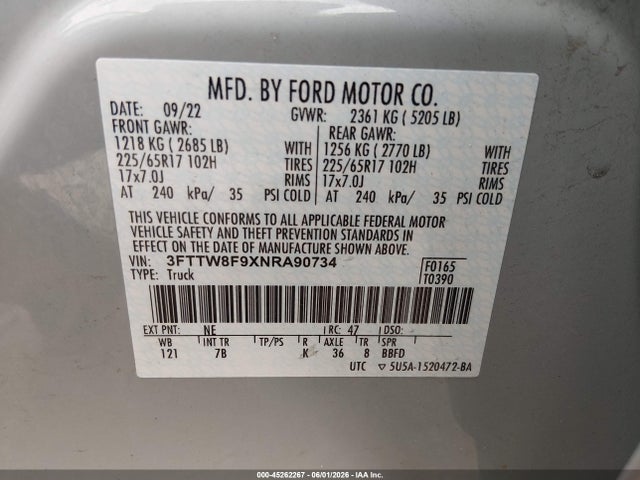 2022 Ford Maverick Xlt მანქანა იყიდება აუქციონზე, vin: 3FTTW8F9XNRA90734, აუქციონის ნომერი: 45262267