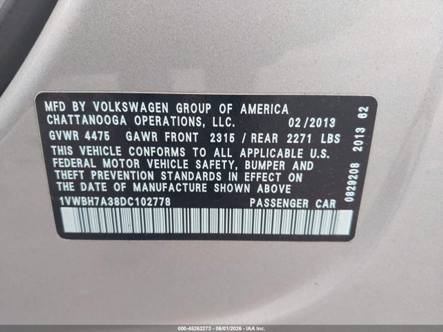 Auction sale of the 2013 Volkswagen Passat 2.5l Se, vin: 1VWBH7A38DC102778, lot number: 45262273