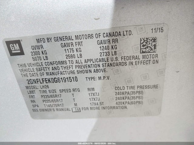 45262276 :رقم المزاد ، 2GNFLFEK0G6191510 vin ، 2016 Chevrolet Equinox Lt مزاد بيع