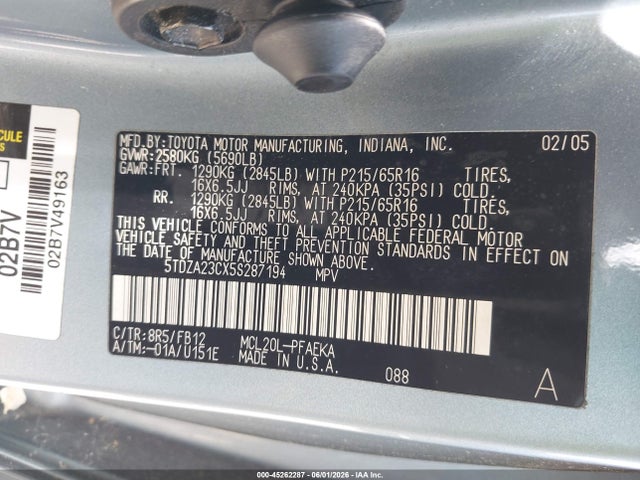45262287 :رقم المزاد ، 5TDZA23CX5S287194 vin ، 2005 Toyota Sienna Le مزاد بيع