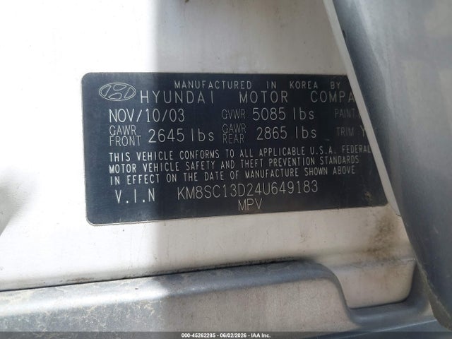 Aukcja sprzedaży 2004 Hyundai Santa Fe Gls, vin: KM8SC13D24U649183, numer aukcji: 45262285
