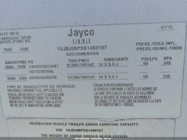Продажа на аукционе авто 2016 Jayco White Hawk 27dsrl Travel Trailer, vin: 1UJBJ0BPXG14B0157, номер лота: 45262286