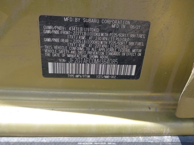 45262296 :رقم المزاد ، JF2GTAEC0MH364085 vin ، 2021 Subaru Crosstrek Premium مزاد بيع