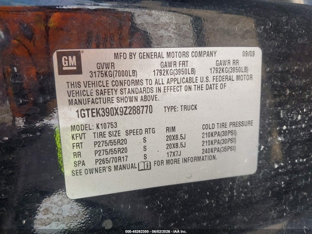 45262300 :رقم المزاد ، 1GTEK390X9Z288770 vin ، 2009 Gmc Sierra 1500 Slt مزاد بيع