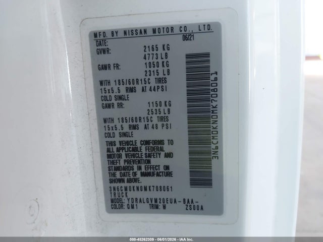 Продаж на аукціоні авто 2021 Nissan Nv200  Cargo Sv Xtronic Cvt, vin: 3N6CM0KN0MK708061, номер лоту: 45262309