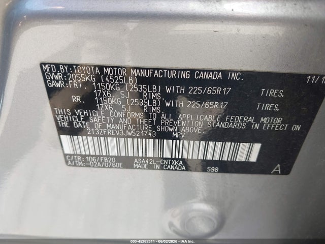 2T3ZFREV3JW521743 Toyota RAV4 LE