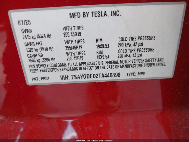 Aukcja sprzedaży 2026 Tesla Model Y Premium Rear-wheel Drive/rear-wheel Drive, vin: 7SAYGDED2TA446898, numer aukcji: 45262313