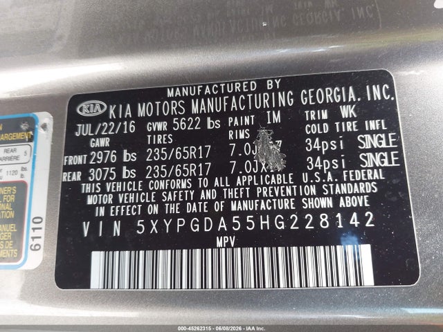 KIA Sorento 3.3l Lx 2017 5XYPGDA55HG228142 Image 9