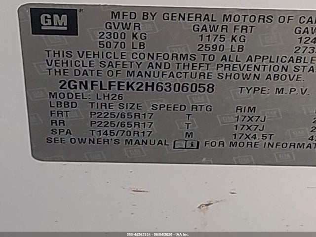 2017 Chevrolet Equinox Lt მანქანა იყიდება აუქციონზე, vin: 2GNFLFEK2H6306058, აუქციონის ნომერი: 45262334