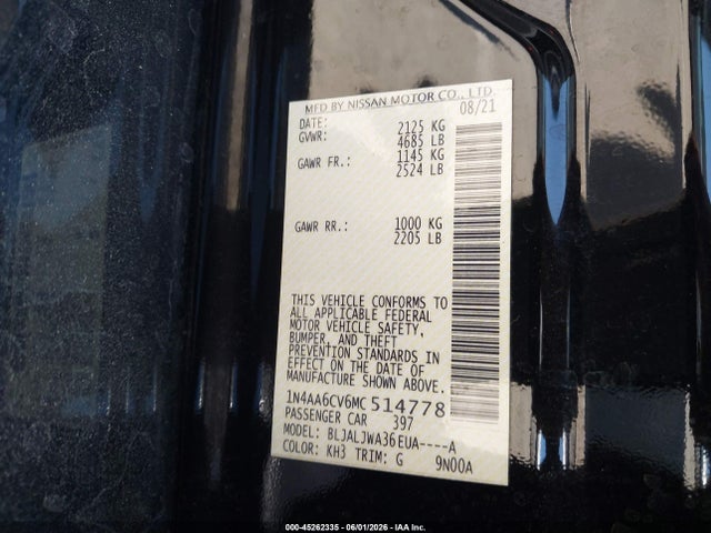 2021 Nissan Maxima Sv Xtronic Cvt მანქანა იყიდება აუქციონზე, vin: 1N4AA6CV6MC514778, აუქციონის ნომერი: 45262335