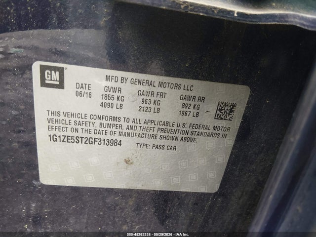 45262338 :رقم المزاد ، 1G1ZE5ST2GF313984 vin ، 2016 Chevrolet Malibu 1lt مزاد بيع