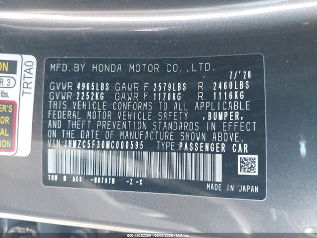 Продажа на аукционе авто 2021 Honda Clarity Plug-in Hybrid Touring, vin: JHMZC5F30MC000595, номер лота: 45262355