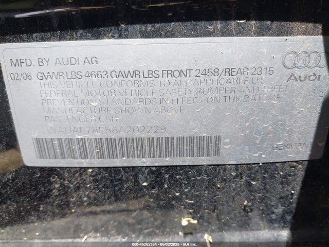 Aukcja sprzedaży 2006 Audi A4 2.0t, vin: WAUAF78E56A202229, numer aukcji: 45262364