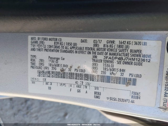 2017 Ford Fiesta Se მანქანა იყიდება აუქციონზე, vin: 3FADP4BJ7HM123612, აუქციონის ნომერი: 45262370