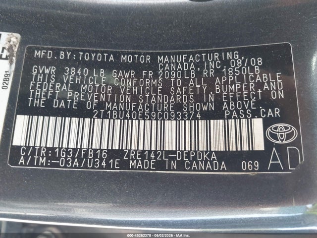 Aukcja sprzedaży 2009 Toyota Corolla, vin: 2T1BU40E59C093374, numer aukcji: 45262378