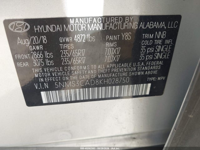 5NMS3CAD8KH028750 Hyundai Santa Fe Sel