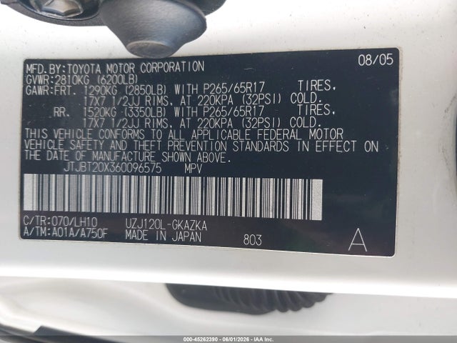 Aukcja sprzedaży 2006 Lexus Gx 470, vin: JTJBT20X360096575, numer aukcji: 45262390
