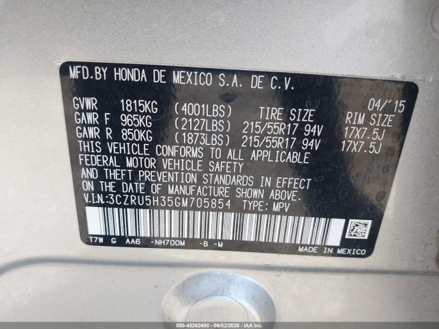 3CZRU5H35GM705854 Honda HR-V LX