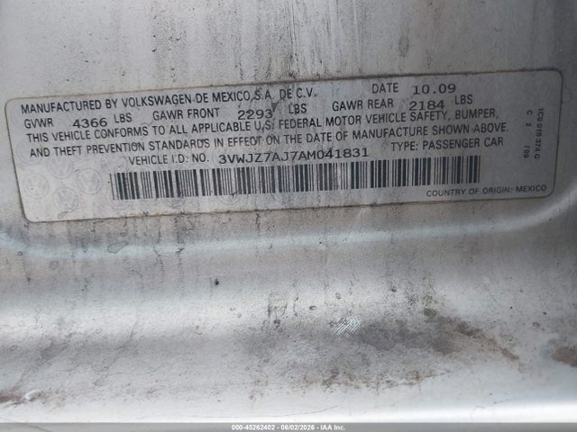 Продажа на аукционе авто 2010 Volkswagen Jetta S, vin: 3VWJZ7AJ7AM041831, номер лота: 45262402