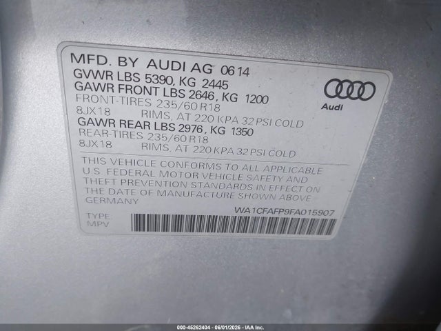 45262404 :رقم المزاد ، WA1CFAFP9FA015907 vin ، 2015 Audi Q5 2.0t Premium مزاد بيع