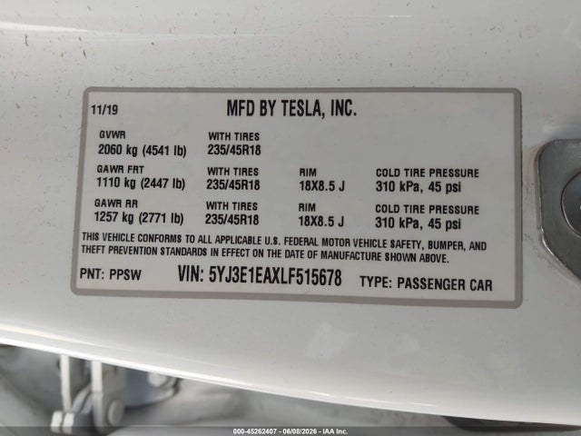 45262407 :رقم المزاد ، 5YJ3E1EAXLF515678 vin ، 2020 Tesla Model 3 Standard Range Plus Rear-wheel Drive/standard Range Rear-wheel Drive مزاد بيع