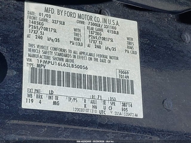 45262408 :رقم المزاد ، 1FMPU16L63LB50056 vin ، 2003 Ford Expedition Xlt مزاد بيع